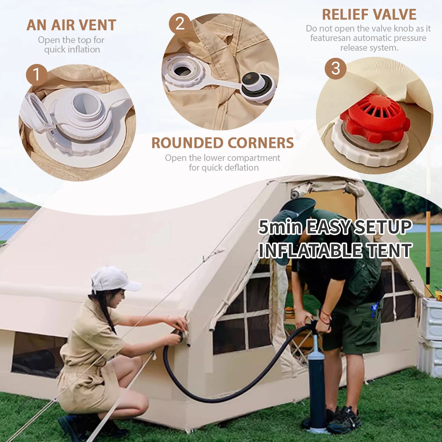 4-6 people Inflatable Camping Tent, Easy Setup Blow up Tent, Air Tent with Hand Pump for outdoor