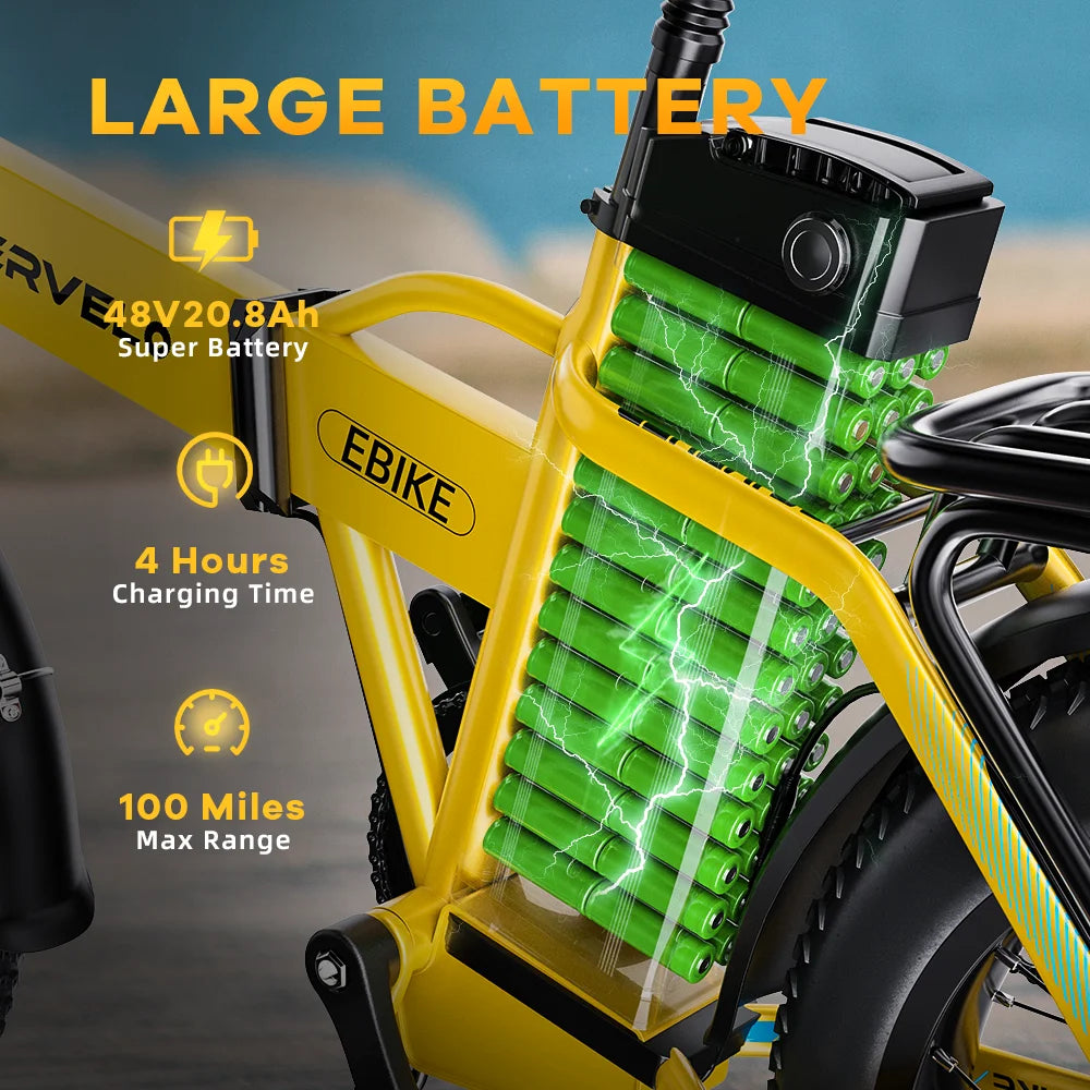 1000W Folding E-Bike, 48V 20AH Large Removable Battery, 30+MPH, 80 Miles Max Range, 20" Fat Tire