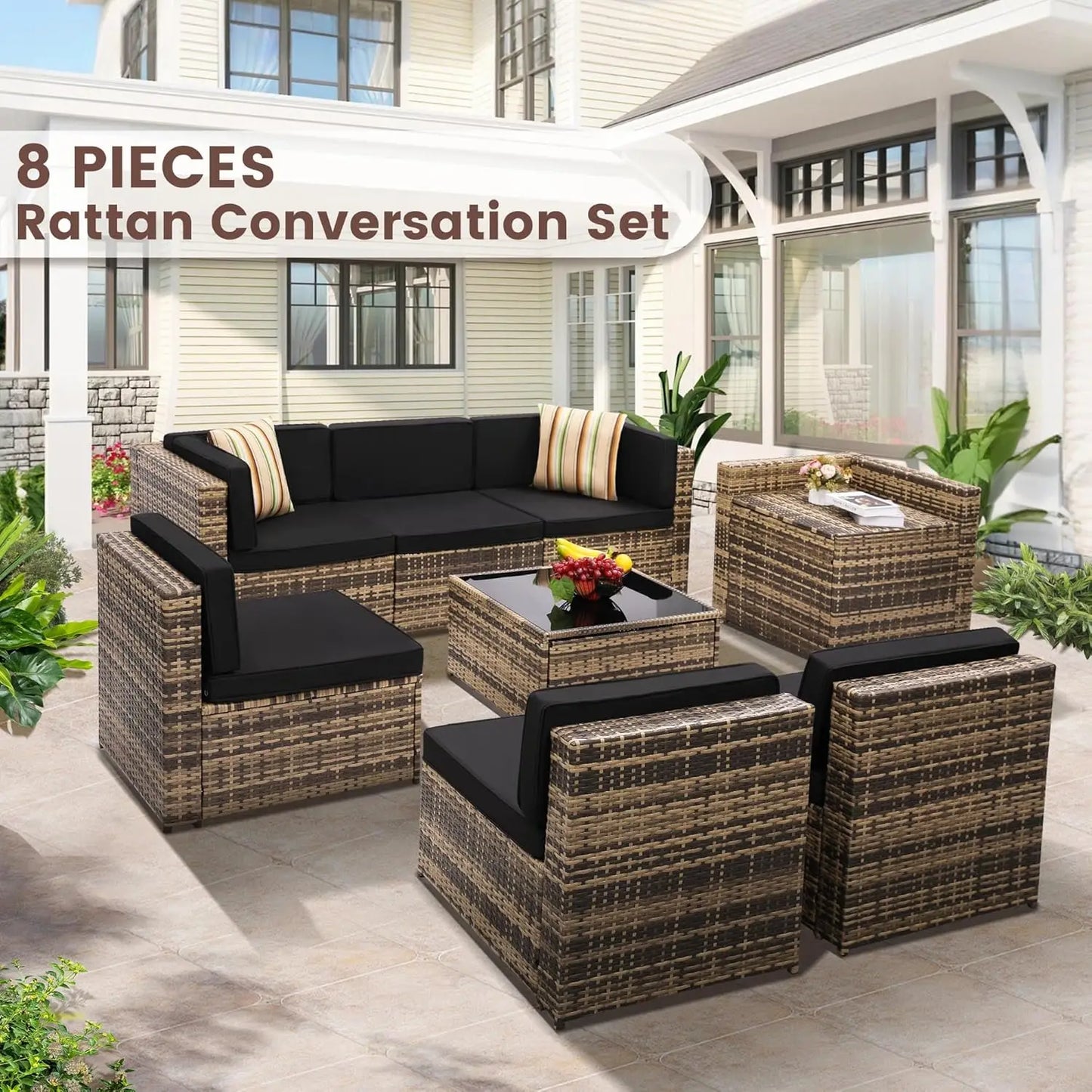 8 Pieces Outdoor Wicker Rattan Set, Glass Top Table with Hidden Storage, 7 Sofa Sections.