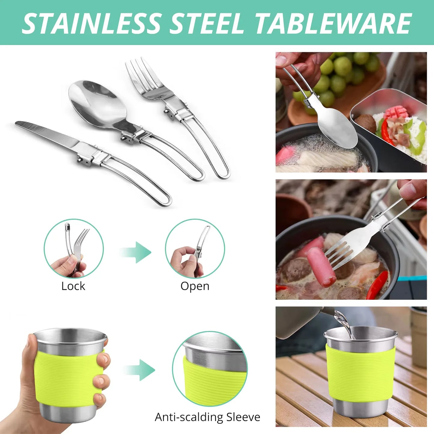 S Camping Cookware Set Anodised Aluminium Pots Pans Kettle/Foldable Handle, for 2 People
