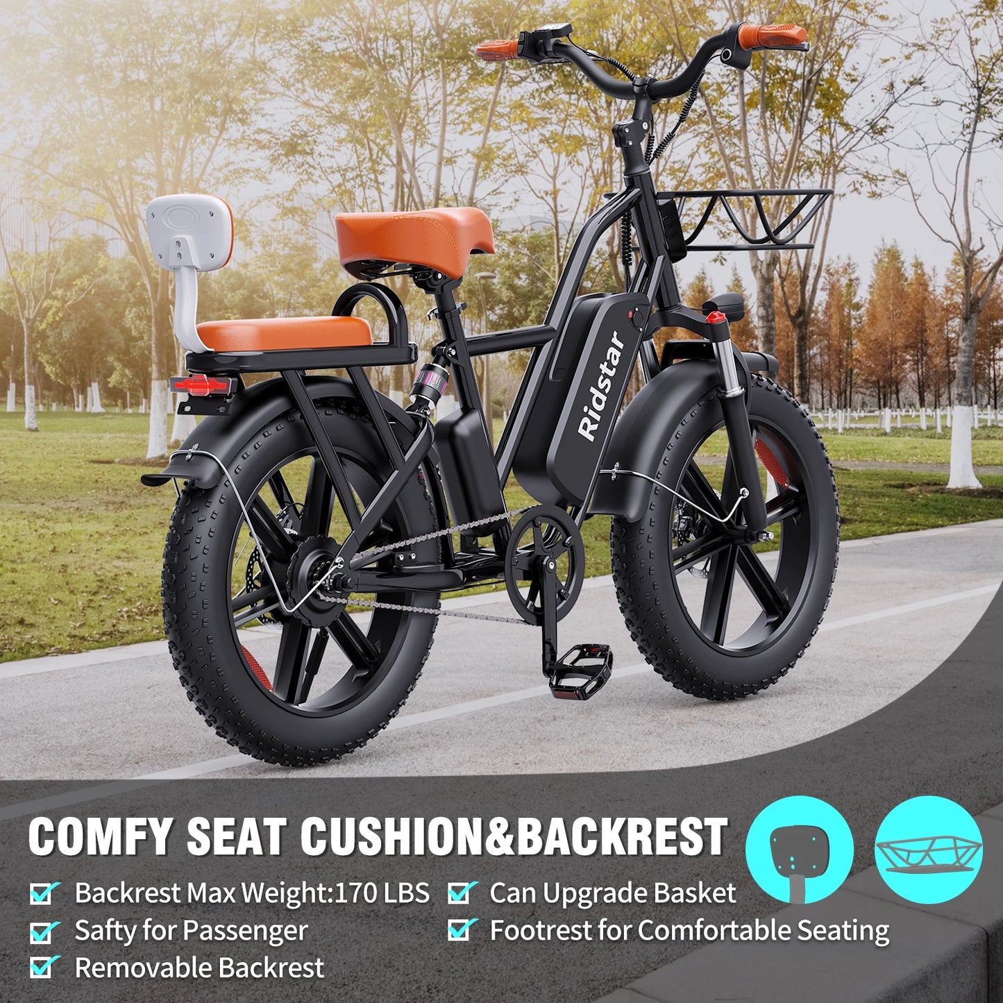 1500W 30MPH 30-70Miles 48V 15.6AH Removable Battery Ebike 20" x 4.0 Fat Tire Commuting 2 Seater