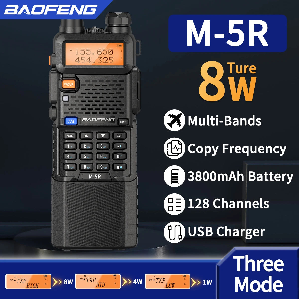 2X BAOFENG M-5R 8W Walkie Talkie 3800mAh Battery Multi Band AM Type-C USB Copy Upgraded