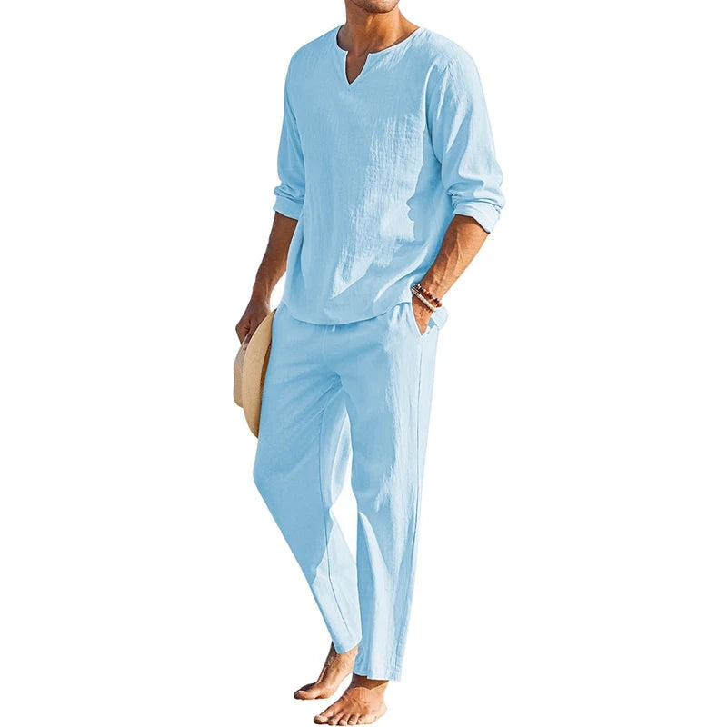 Cotton Linen Solid Color Long Sleeve Henley Shirt Elastic Waist Drawstring 2 Pieces Loungewear Set