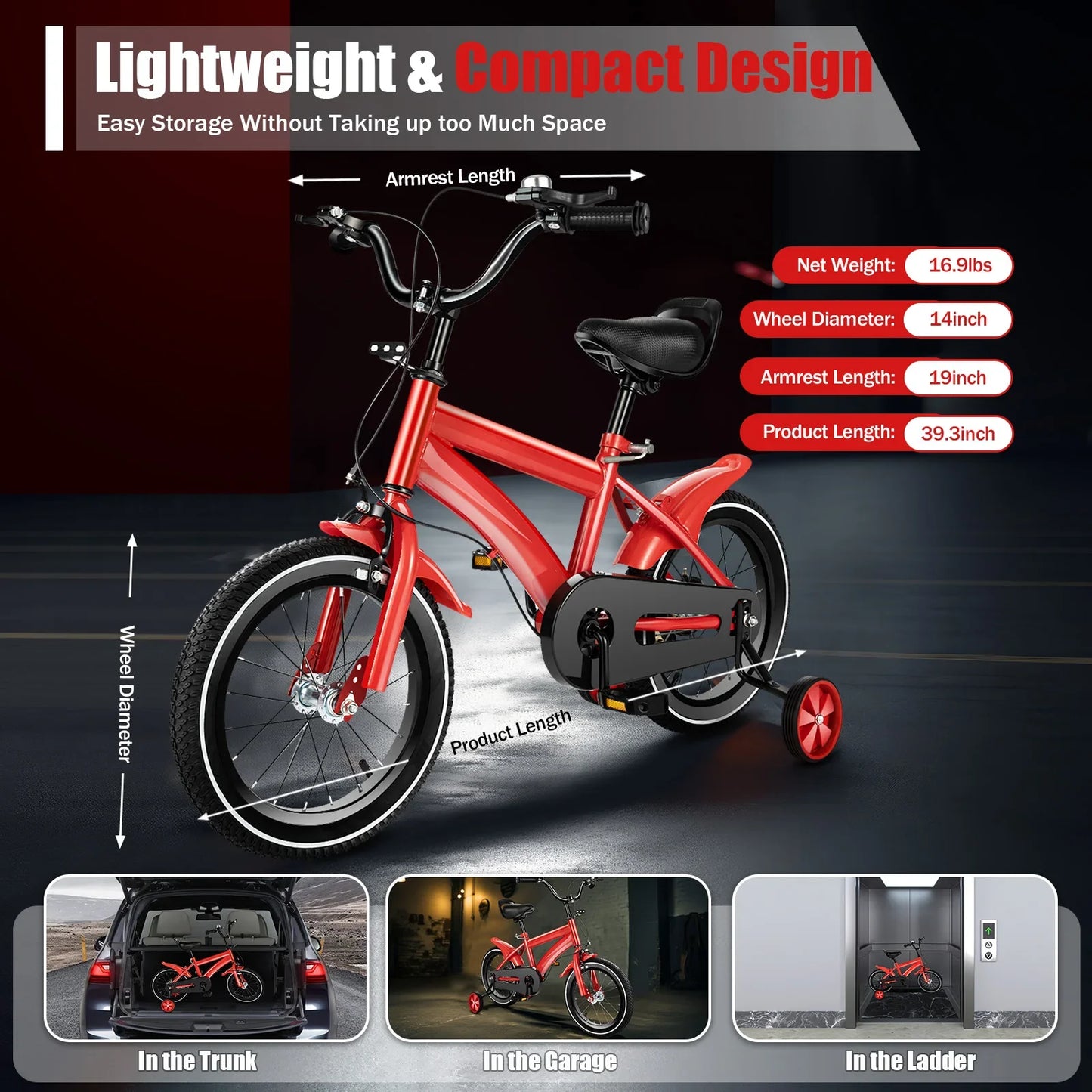 14 Inch Red Modern Children Bicycle with Adjustable 2 Training Wheels 110lbs Children's Exercise Bicycle for Boys and Girls