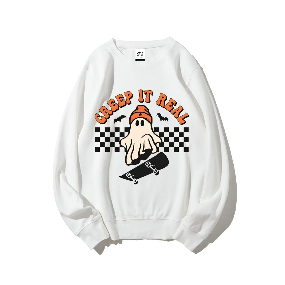 Retro Halloween Creep It Real Sweatshirts Ghost Skateboarding Graphic Sweater Top Fall Winter
