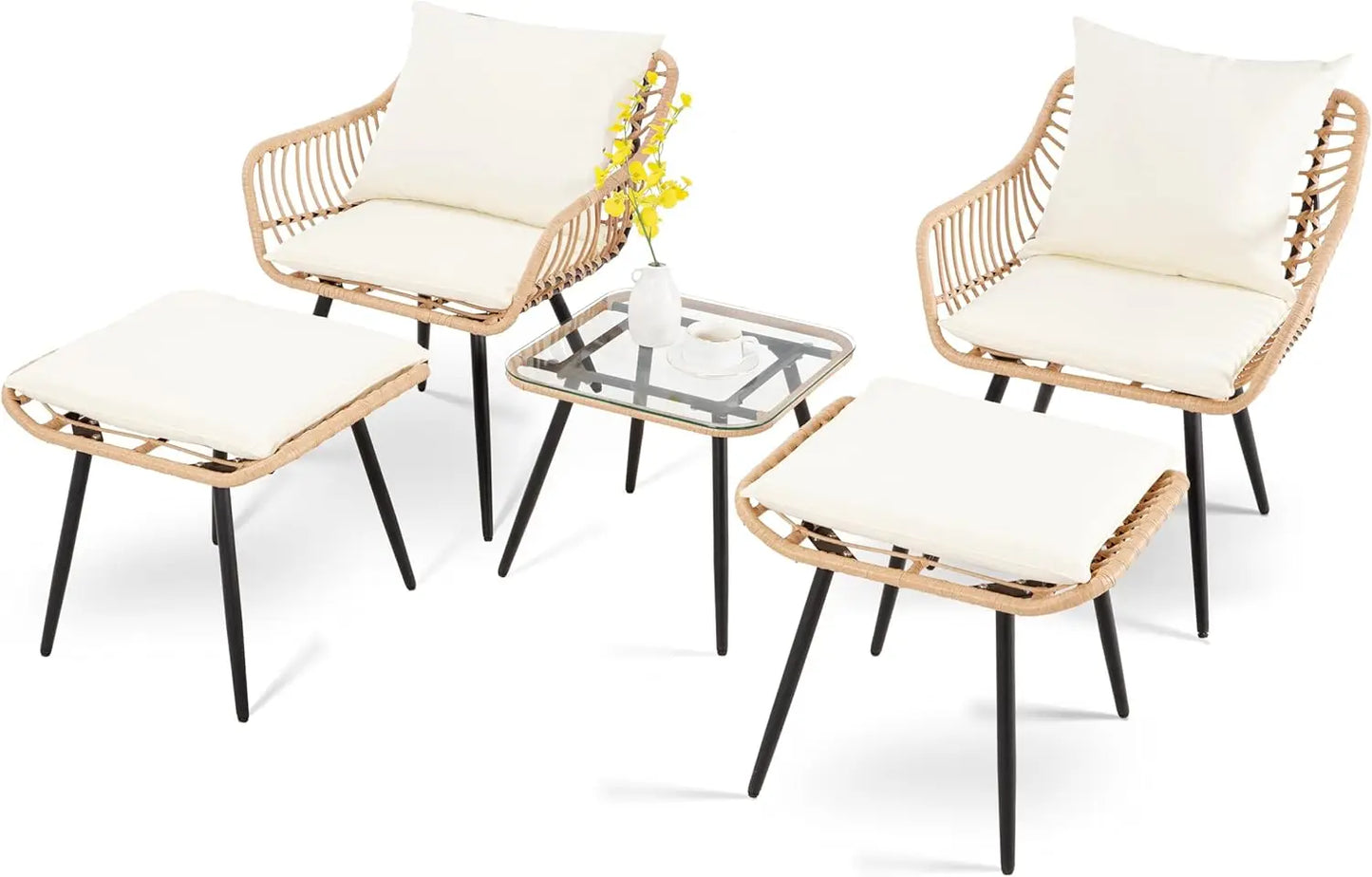5 Piece Patio Bistro Set, Ottoman, Outdoor Wicker Balcony Rattan Table and Chairs Set of 2