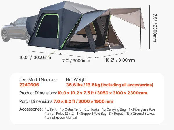 SUV Tent, Camping Waterproof PU2000mm Spacious Double Layer Design , Shade Awning , Mesh Windows