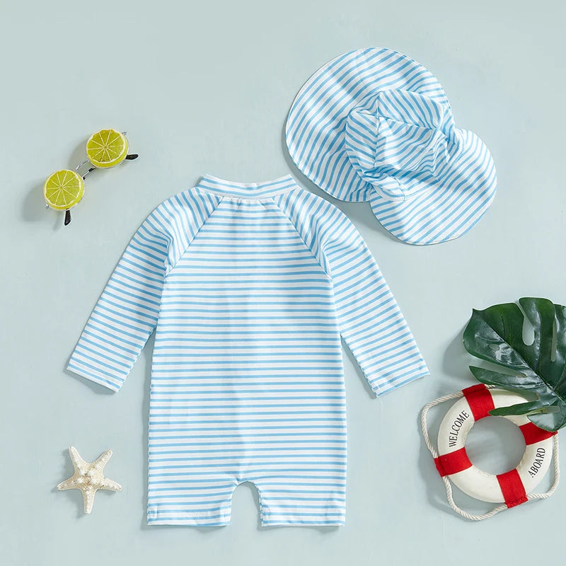 Infant Boys Girls Sun Protection Swimwear Set,Hat 2 Piece UV Rash Guard Zip Long Sleeve Crew Neck