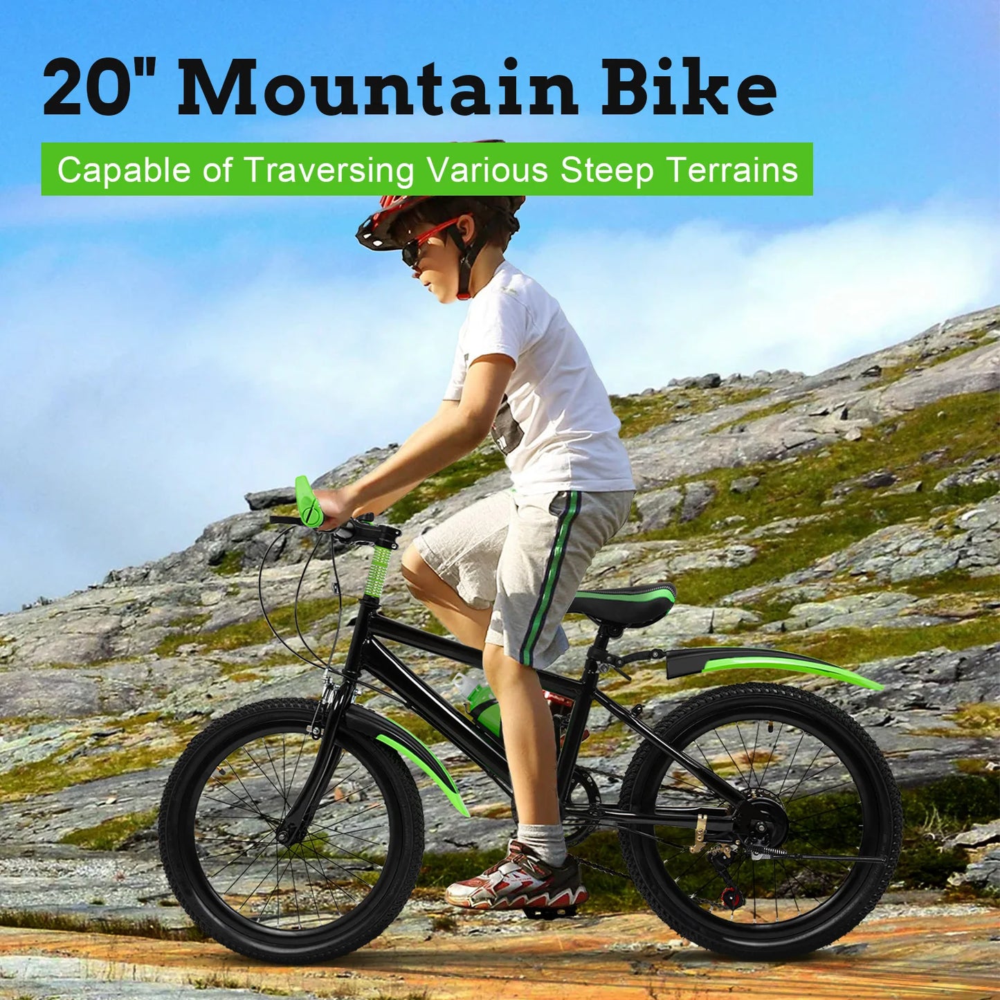 20" Mountain Bike 7 Speeds Kids Bicycle Dual-Disc Brakes Height Adjustable MTB Boys Girls