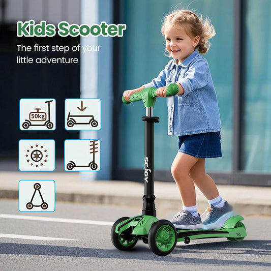 Toddler Kick Scooter,Childrens Foldable Seat Outside Bike Toy Scooter, Adjustable Height/Handlebars