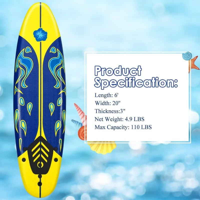 Surfboard,6 Ft Stand Up with 3 Detachable Fins, Safety Leash, Non-Slip Lightweight Foam4 Kids