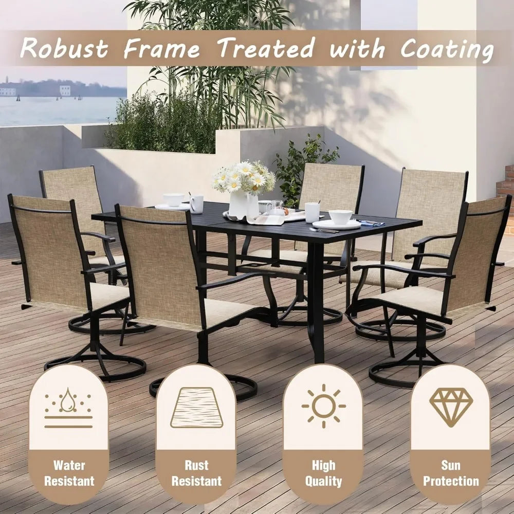 7-Piece Outdoor Dining Set – 6 Swivel Rocking Chairs & Large Aluminum Table w/Umbrella Hole (128c)