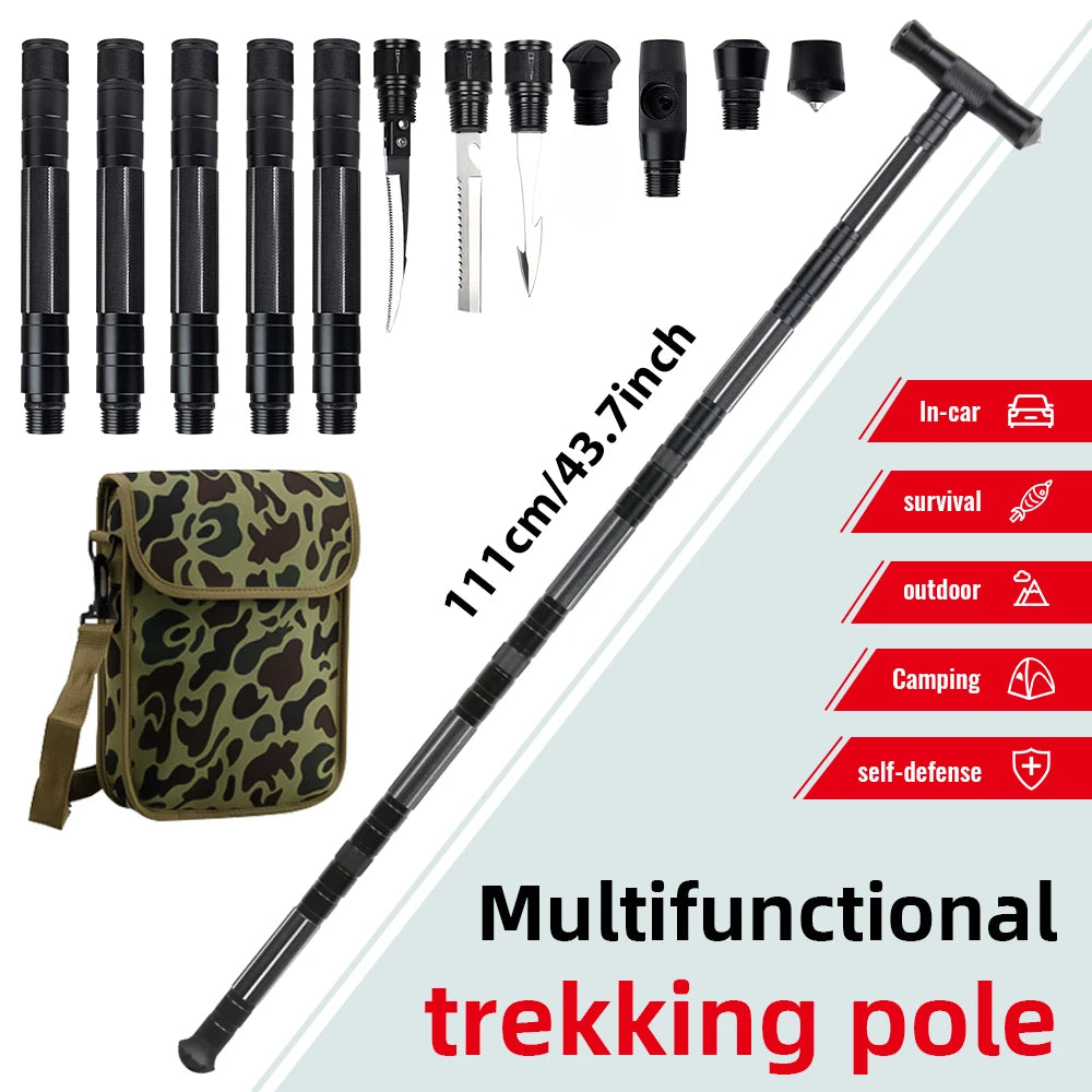 Multi Mountaineering Stick with Camouflage Backpack T-shaped Retractable Folding Stick Climbing Tool