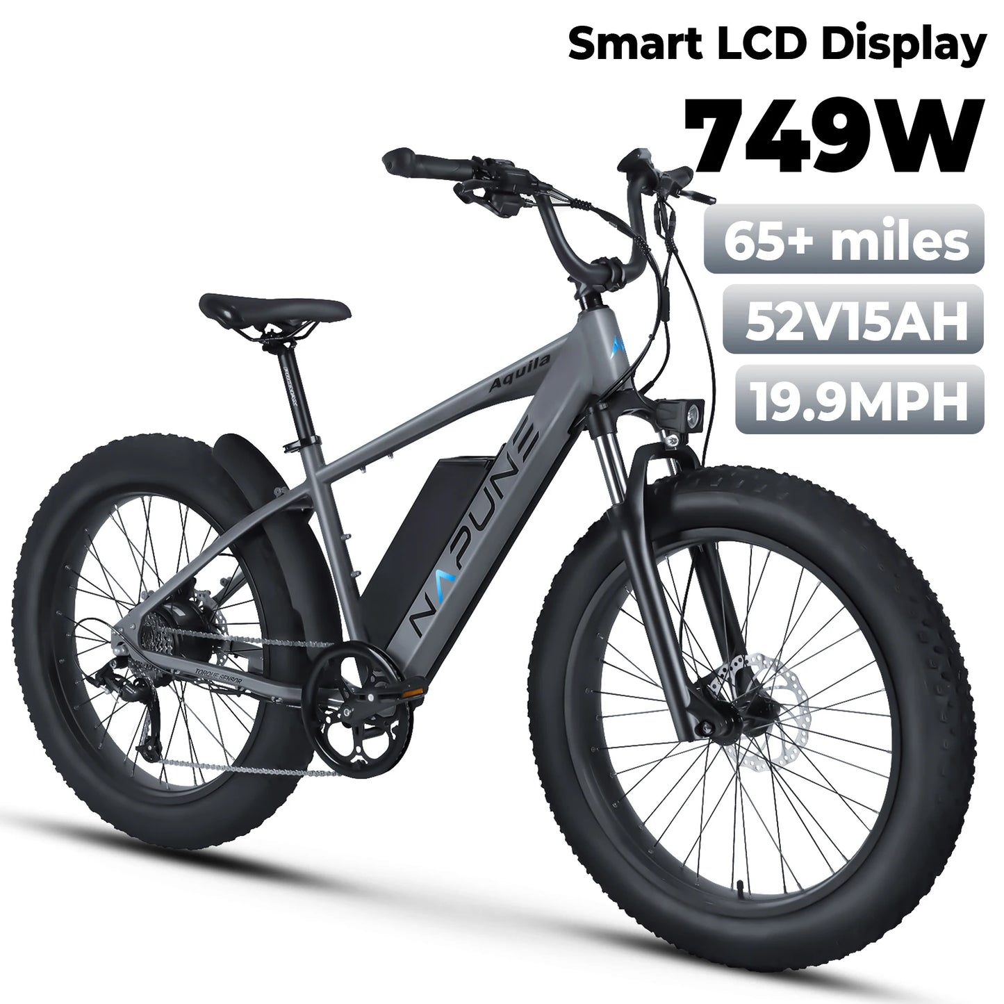 750W off-road E-bike 52V 17Ah 26 inch 4.0 fat tire, USB port, Bluetooth APP LCD screen 9-speed