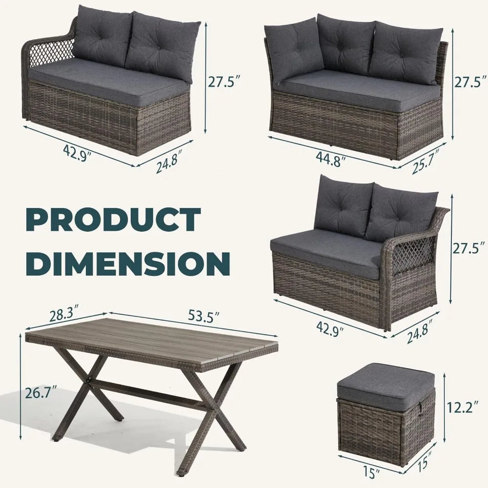 7 Pieces Patio Dining Set, Patio Dining Sets with HDPE Table & Chairs, Ottamans for Garden, Deck