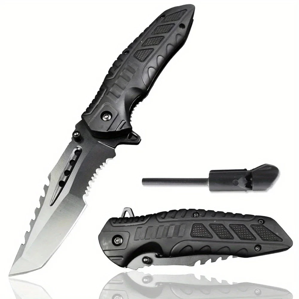 Tactical Folding Knife, Serrated Blade, Glass Breaker & Bottle Opener, EDC Outdoor Survival Camping
