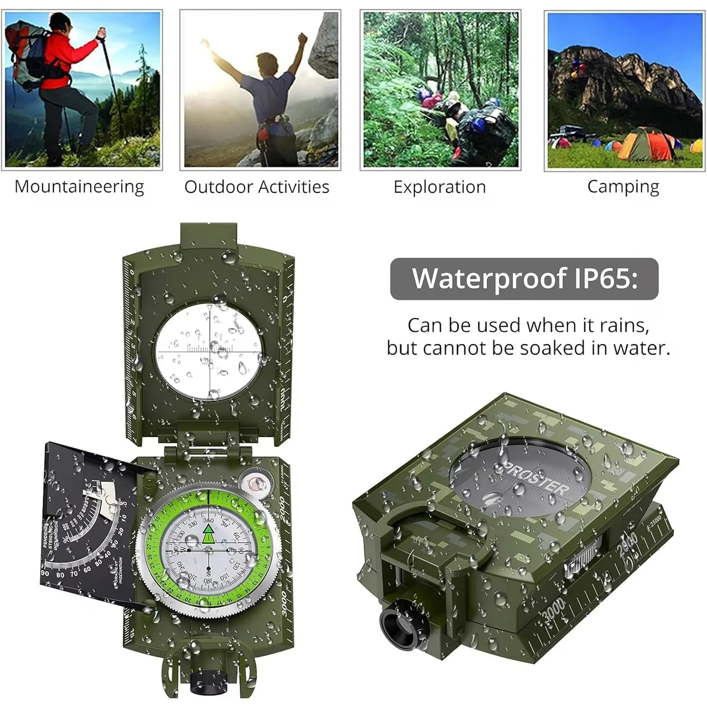 Professional Lensatic Compass Metal Waterproof IP65  Sighting Clinometer, Carry Bag