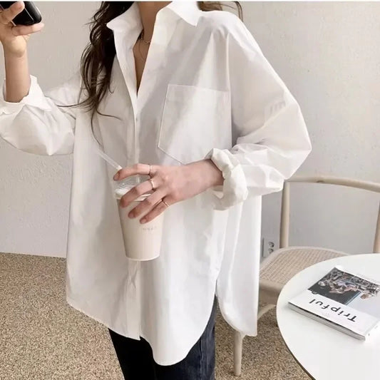 Lady Elegant White Casual Loose Blouses Fashion New Cotton Long Sleeve Women Shirt Turndown Collar