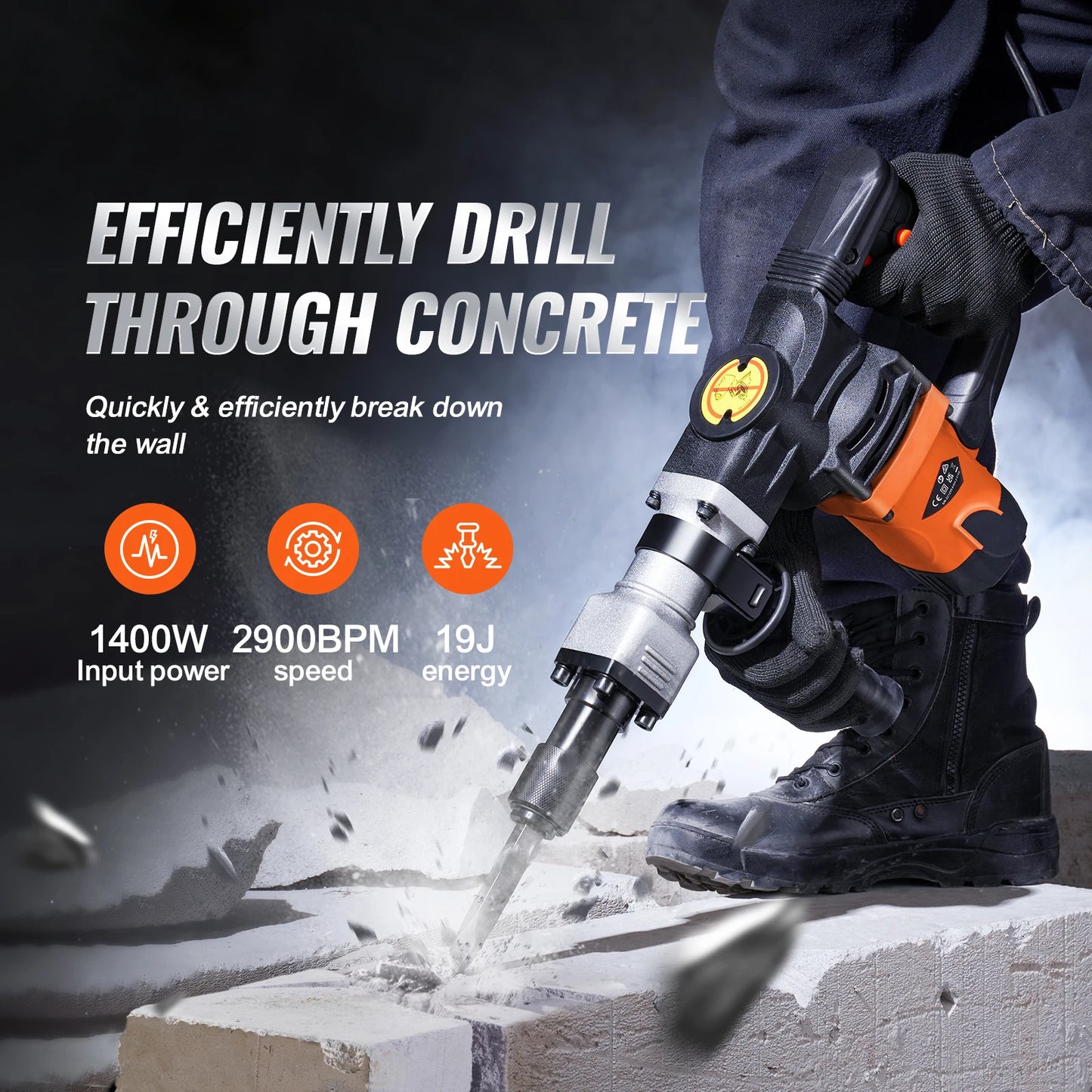 1400W Demolition Electric Jackhammer Heavy Duty 2900 BPM Concrete Breaker 2pcs Chisels Bits Chipping