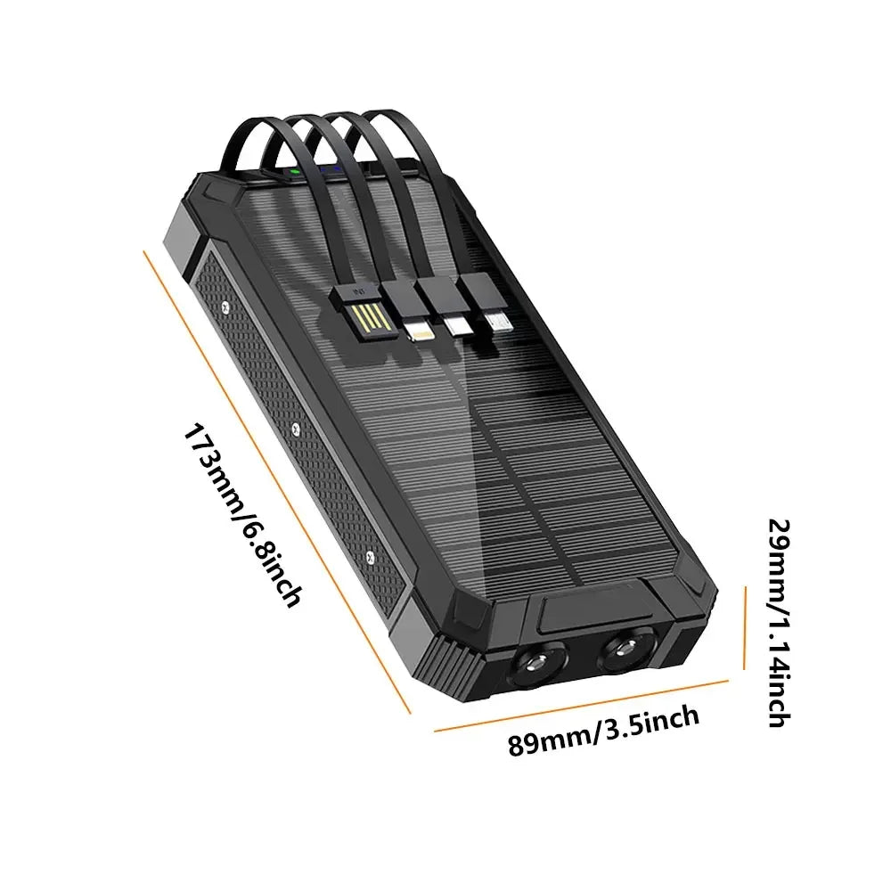 Solar Power Bank Ultra Large Capacity USB 4 in1 Super Fast Charging Built in Cables TypeC LED Light