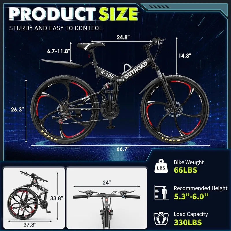 26 Inch Folding Mountain Bike, 21 Speed Full Suspension, High-Carbon Steel, Dual Disc Brake Non-Slip