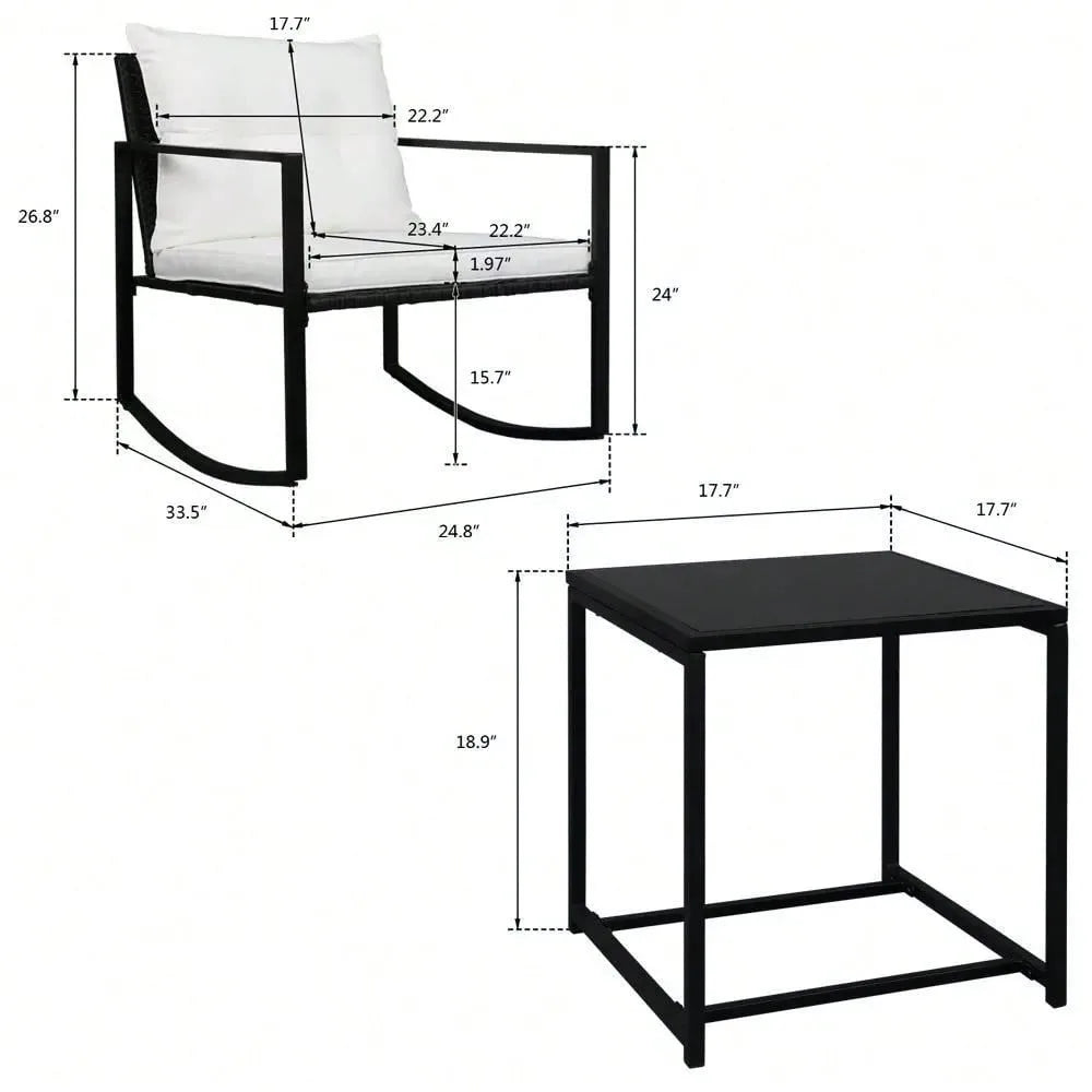 3 Pieces Rocking Chair Set w/ Glass Table White Furniture Outdoor Patio