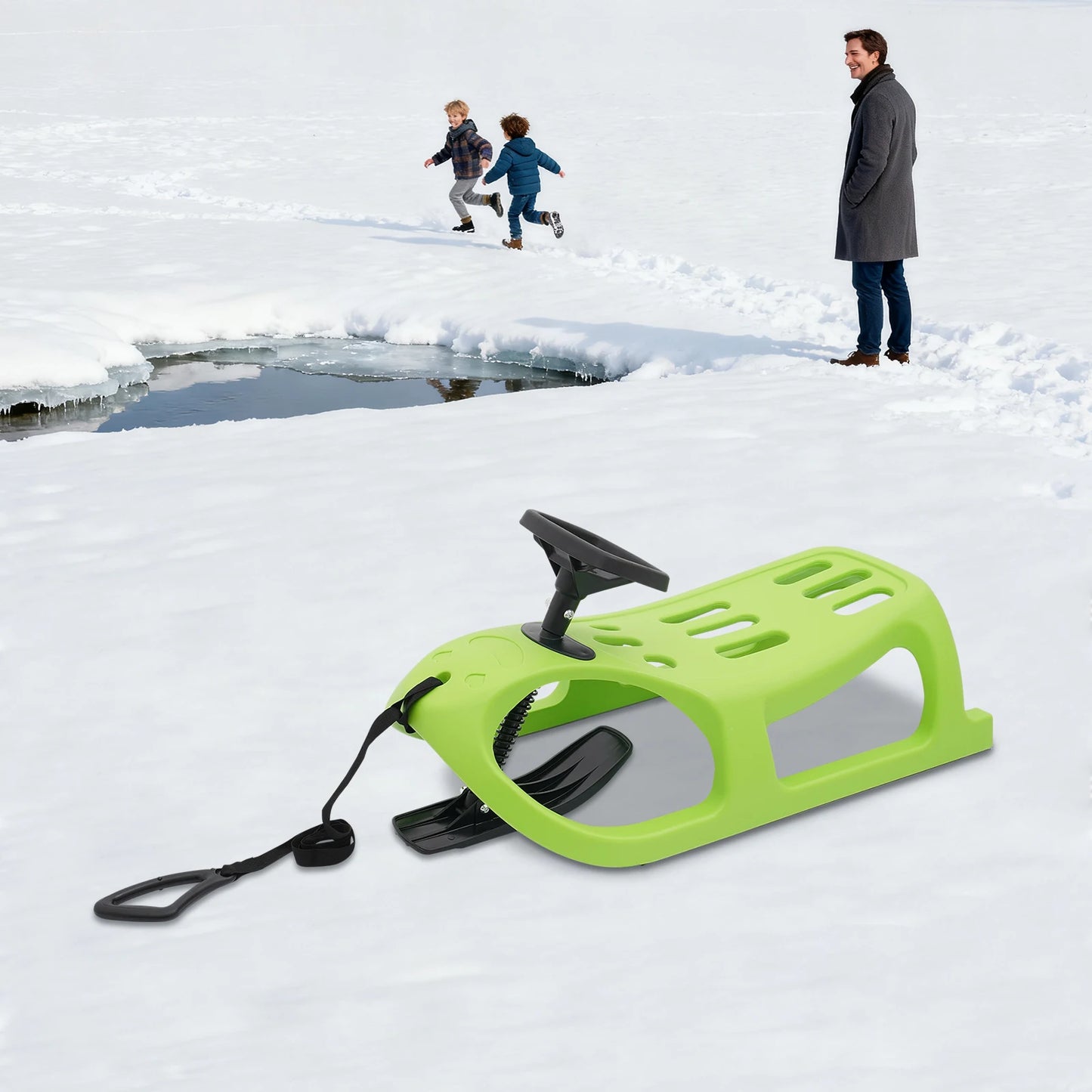 Snow Sled 100kg Load-bearing Capacity Single Rider Winter Sleigh Outdoor, Toddlers & Kids