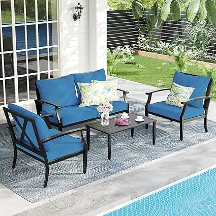4-Piece Set, Wider Outdoor Metal Seating Sofa ,High Back & Loveseat, Coffee Table, All Weather Metal