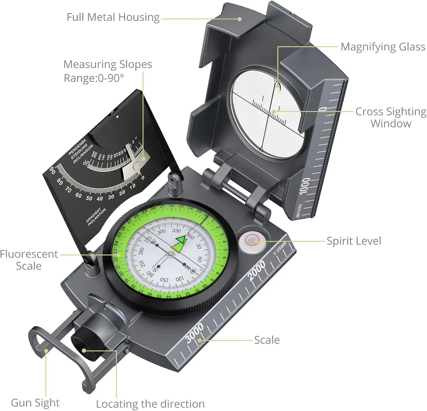 Compass Hiking,Waterproof Metal Compass,Clinometer,Lightweight,fCamping,Hunting,Hiking Navigation.
