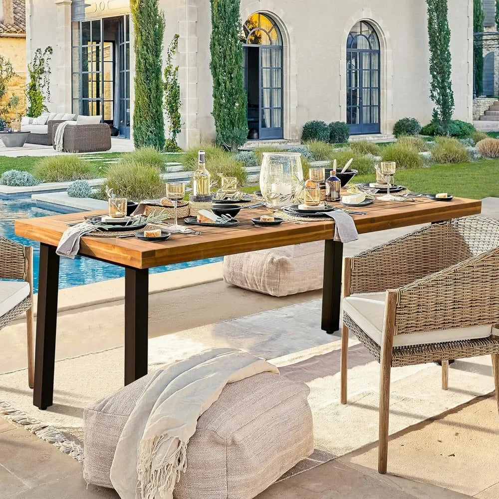 Acacia Wood Dining Table 6-Person Indoor Outdoor Table,Iron Legs, Sandblast Finish, Natural Stained