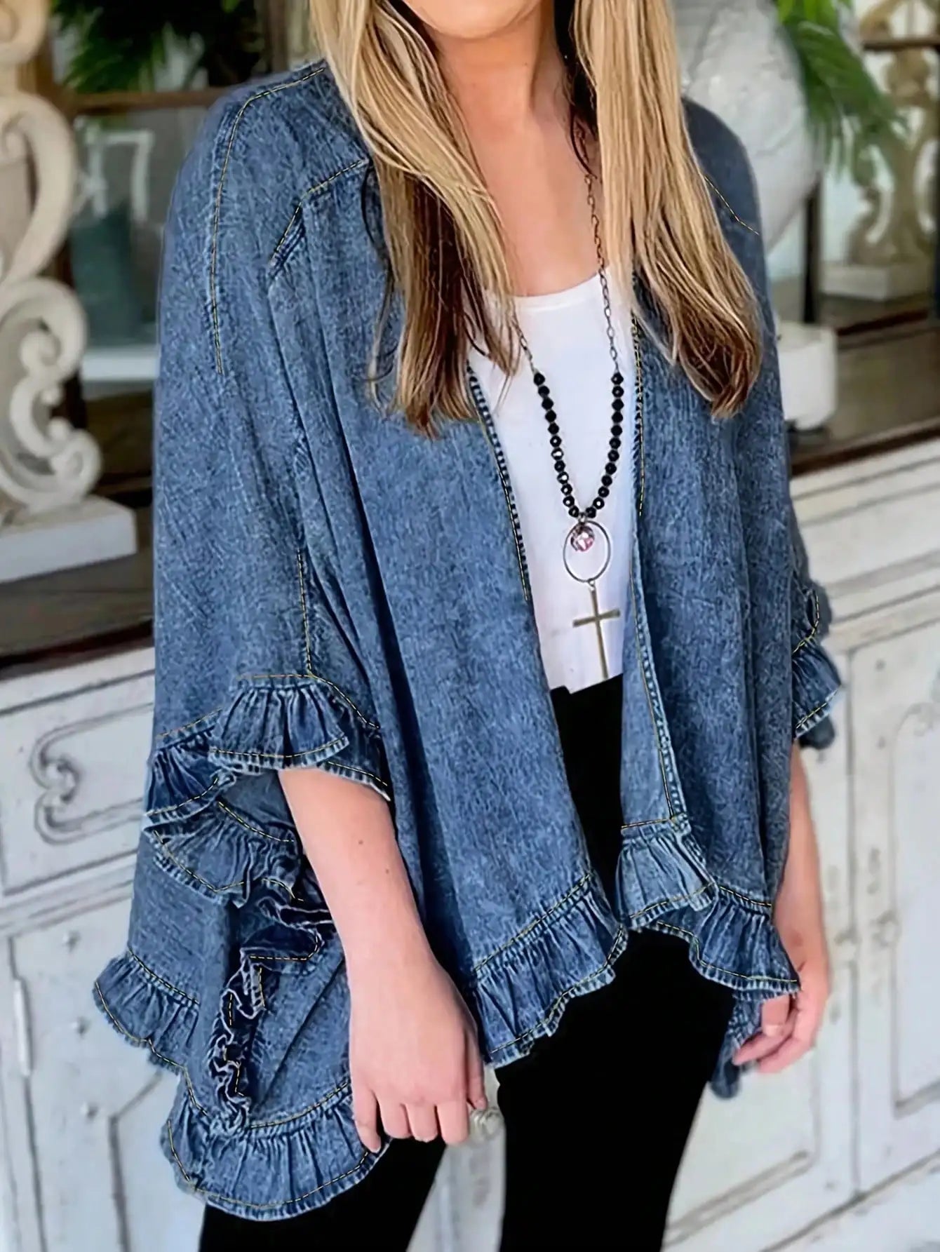 Women's Denim Jacket Ruffled Sleeves, Chic Open Front Lightweight| Fall & Spring Distressed Casual