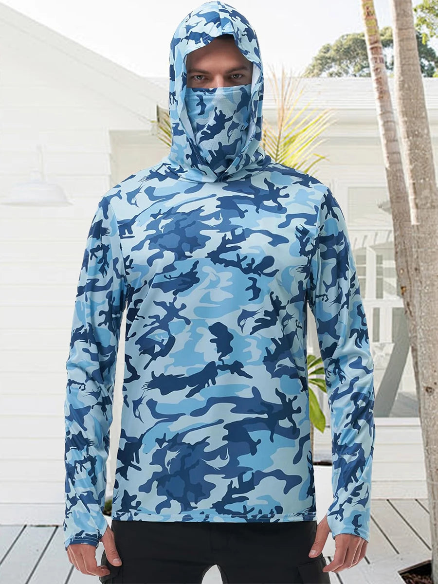 Men s Fishing Shirt Camo Print Hoodie, Built-in Face Mask Sun Protection, Hiking and Running