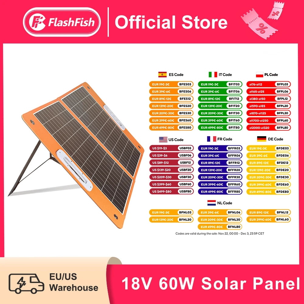 Portable Solar Panel 60W 18V Solar Charger Foldable Battery DC Output PD Type-c for Solar Gener