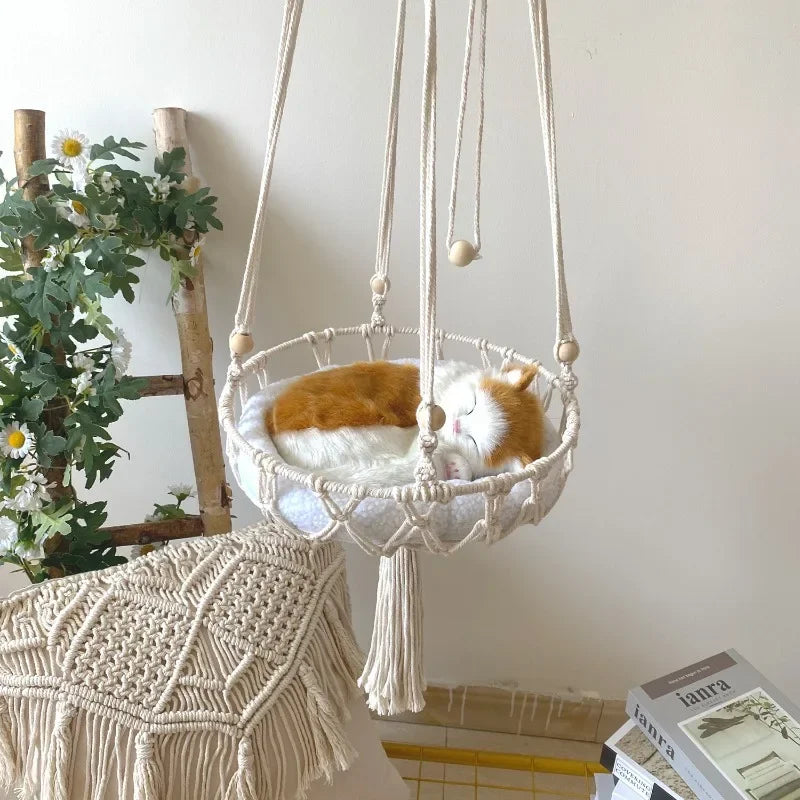 New Pet Hammock Cat Swing Hand Woven Cotton Rope Cats Hanging Basket Indoor Nest