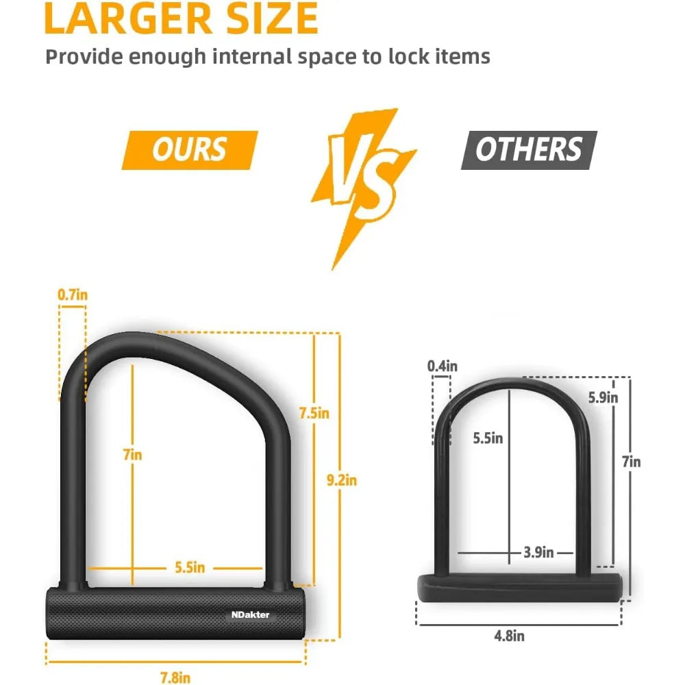Bike Locks Heavy Duty Anti Theft, U Lock, Ebike, 18mm Shackle, 6FT Steel Security Cable, 3 Keys