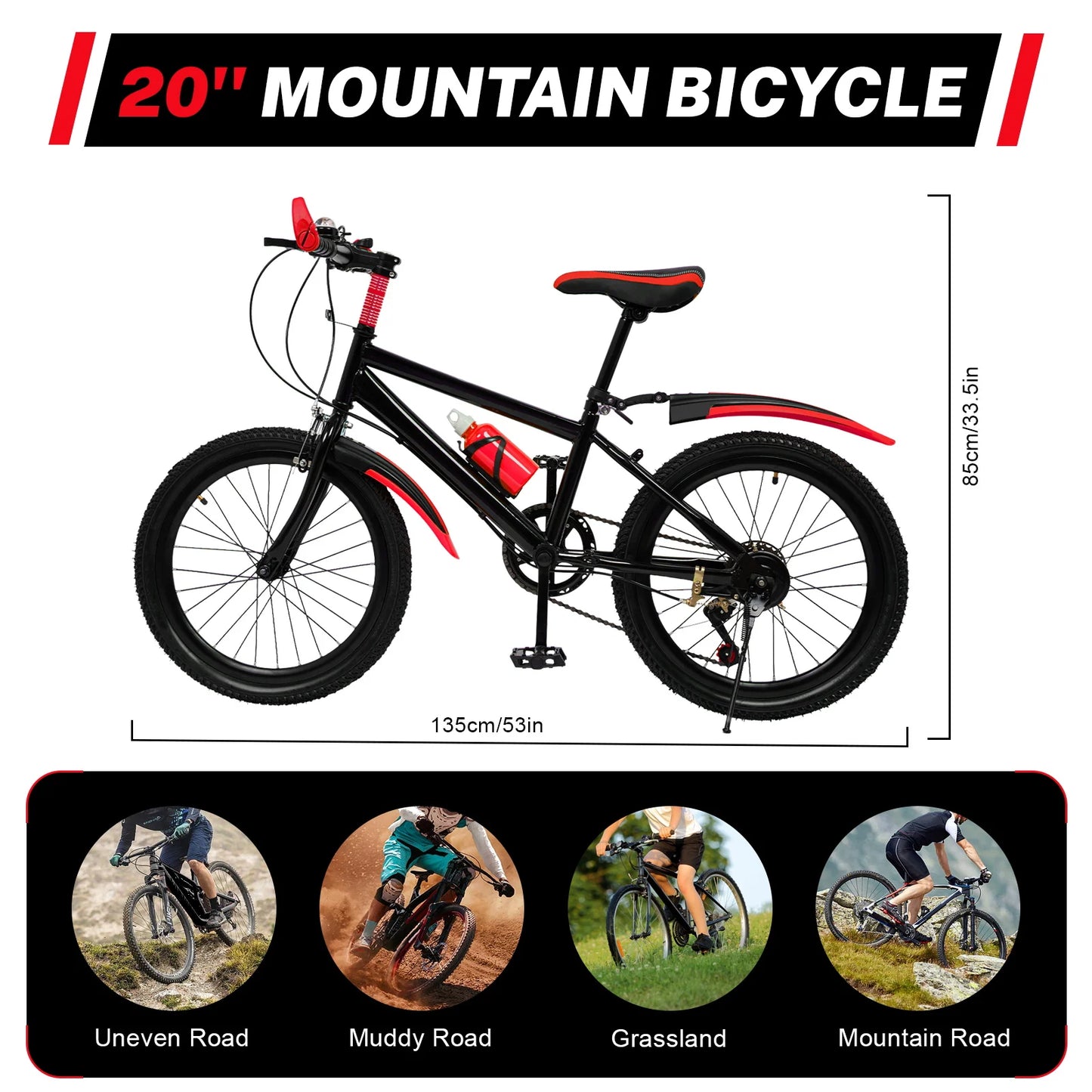 20" Mountain Bike 7 Speeds Kids Bicycle Dual-Disc Brakes Height Adjustable MTB Boys Girls