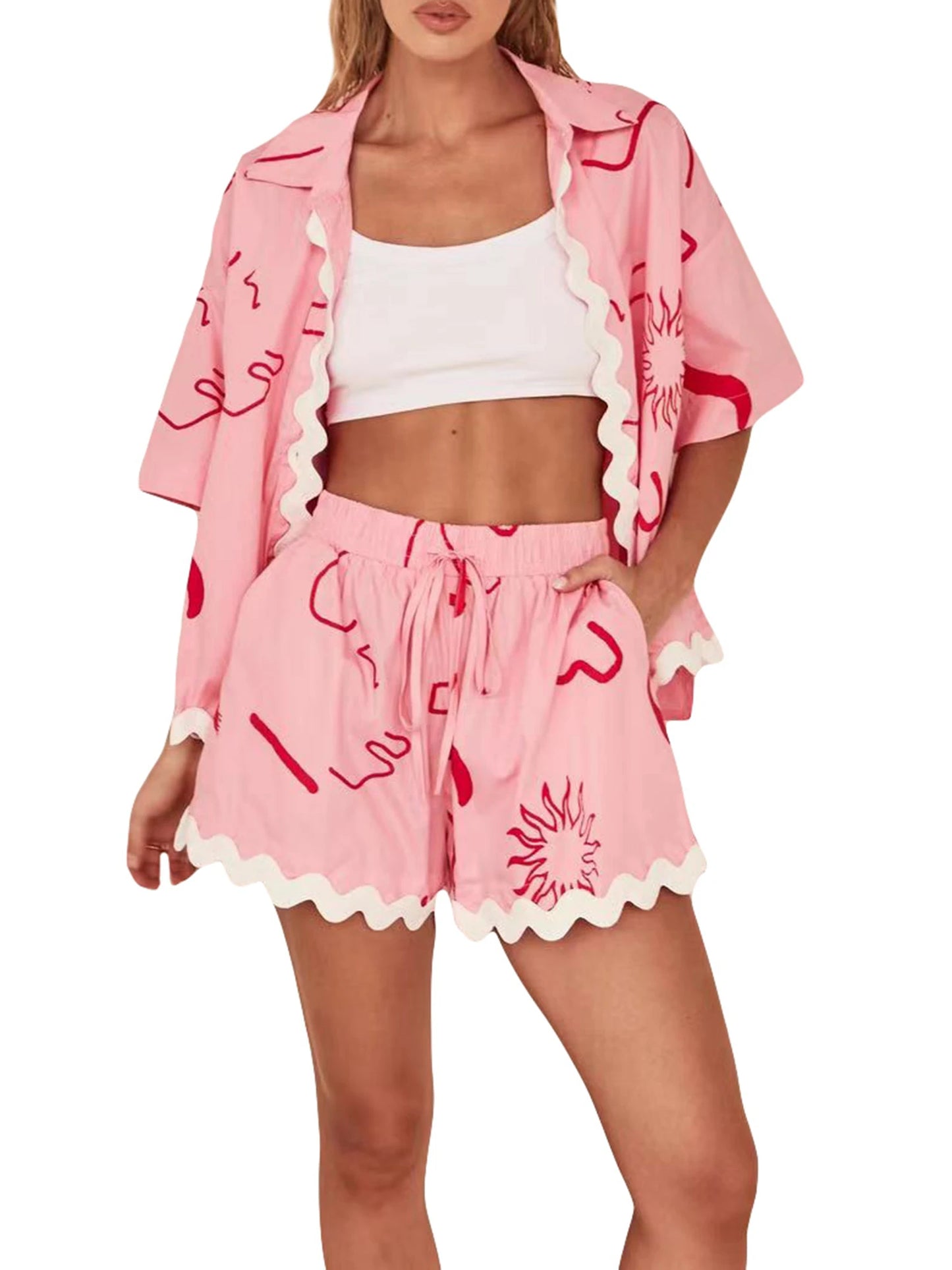 Women s Summer Loungewear Set Fashion Print Short Sleeve Lapel Button T-Shirt ,Trim Shorts Sleepwear