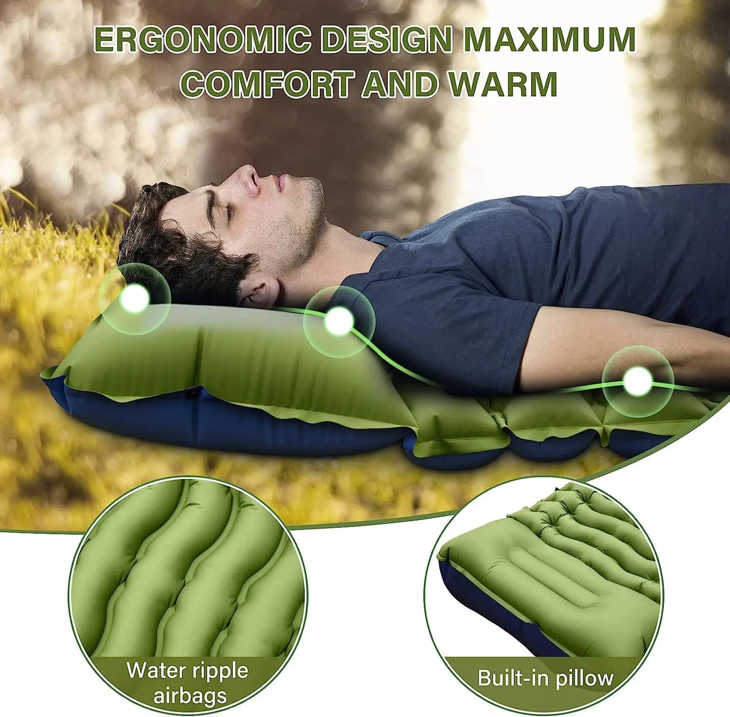 Outdoor camping super thick 4-inch inflatable sleeping mat, built-in pillow and pump
