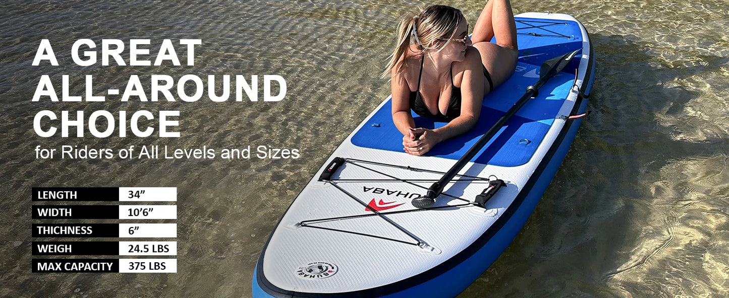 Inflatable SUP, Wide 10'6" x 31"/34" x 10'6" iSUP, Blue with Adjustable SUP Paddle