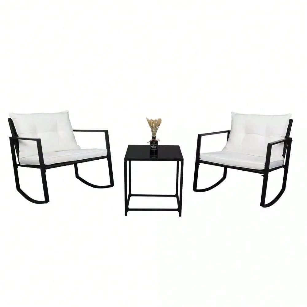 3 Pieces Rocking Chair Set w/ Glass Table White Furniture Outdoor Patio
