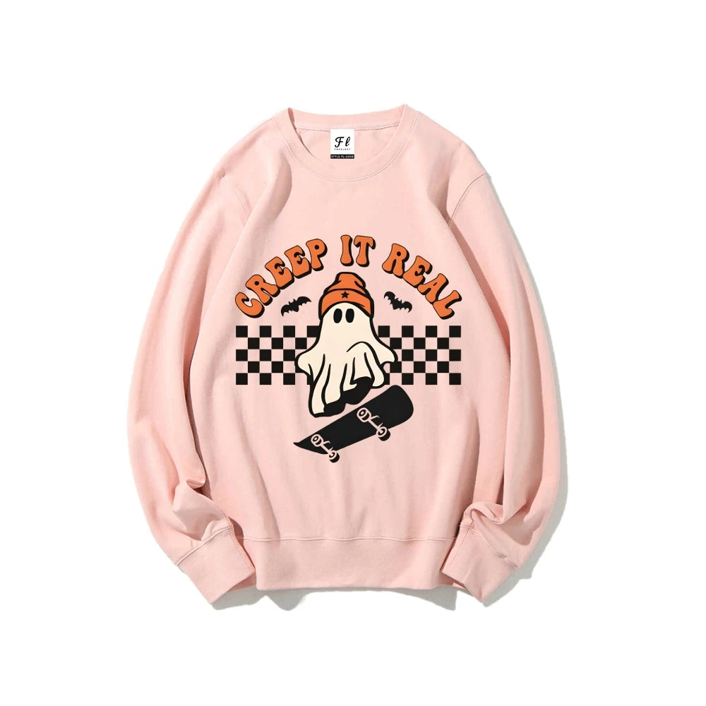 Retro Halloween Creep It Real Sweatshirts Ghost Skateboarding Graphic Sweater Top Fall Winter