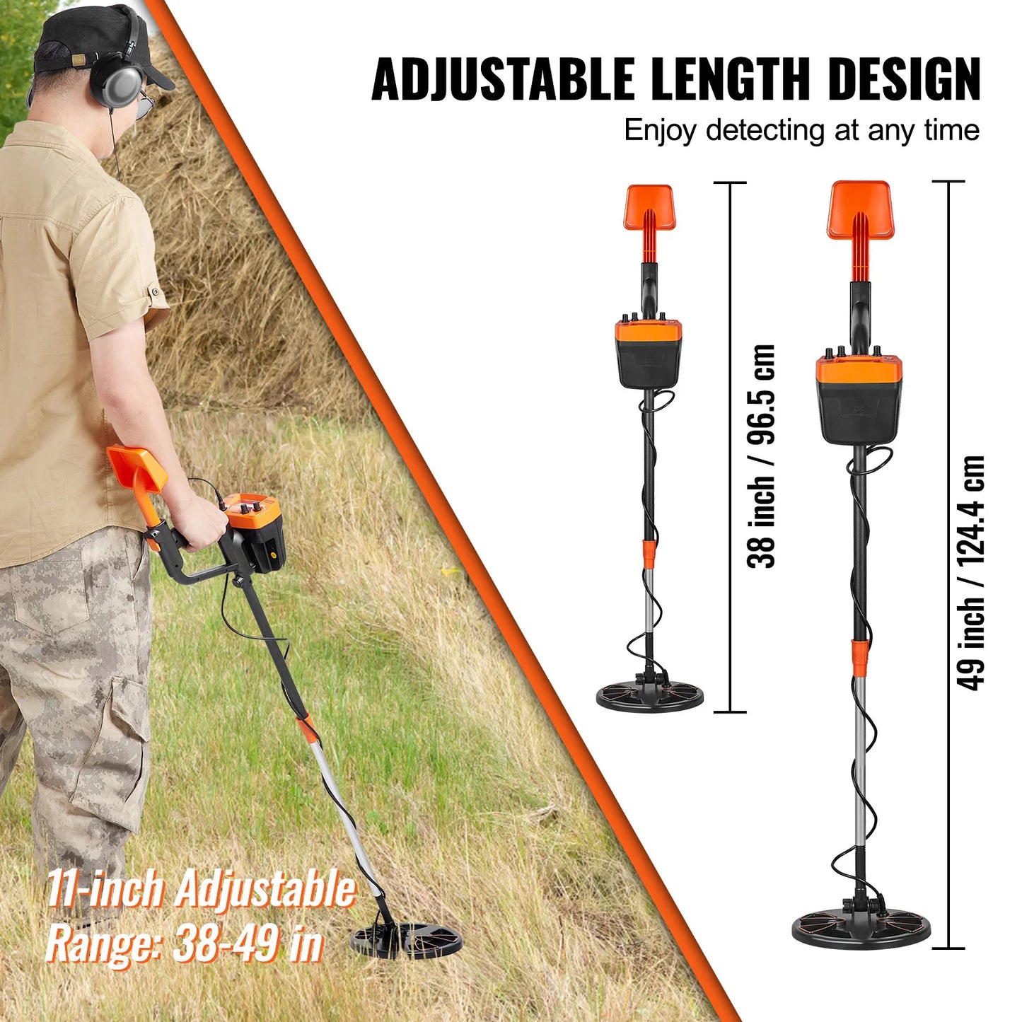 Metal Detector 8 Inch Waterproof Search Coil,High Accuracy Pointer Display Adjustable 38''-49'' Alum