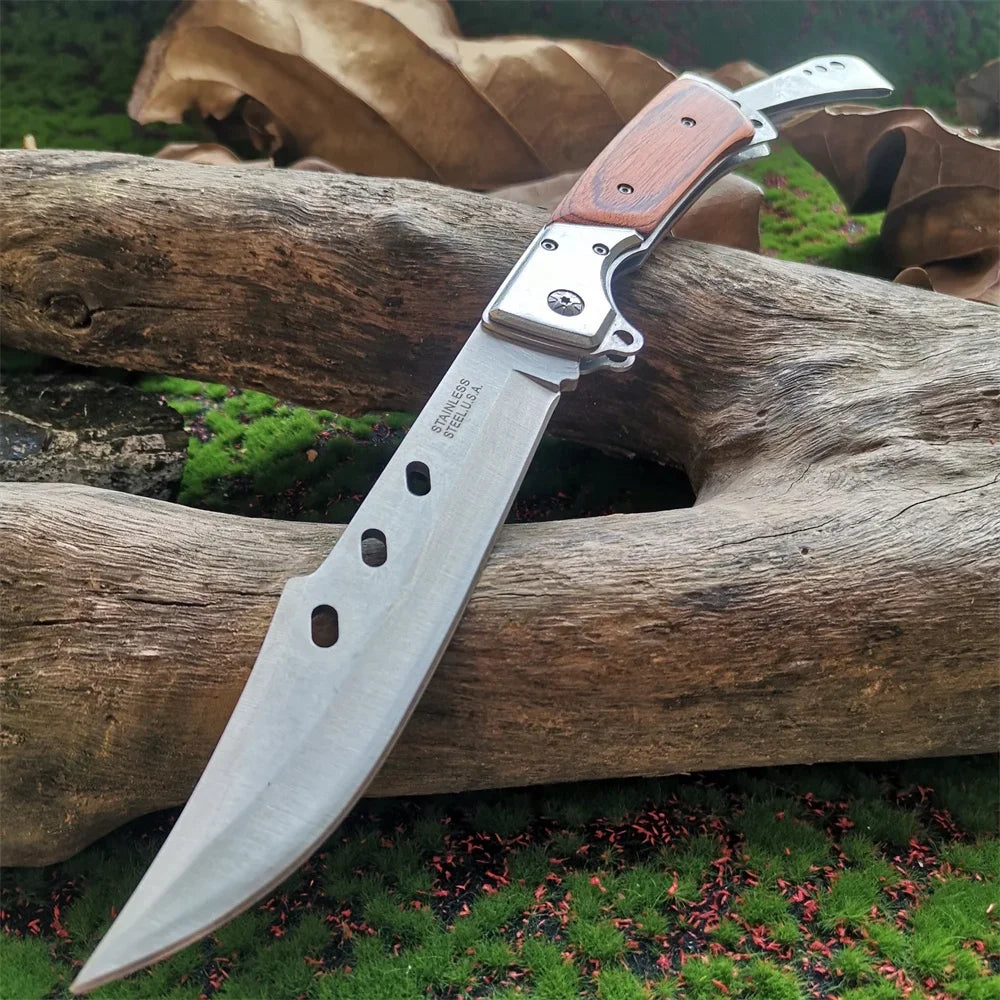 Heavy-Duty 8CR15MOV Folding Knife, Wood Handle: Tactical Tool, Outdoor Hunting, Camping & EDC