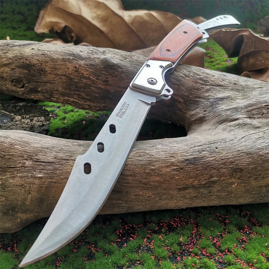 Heavy-Duty 8CR15MOV Folding Knife, Wood Handle: Tactical Tool, Outdoor Hunting, Camping & EDC