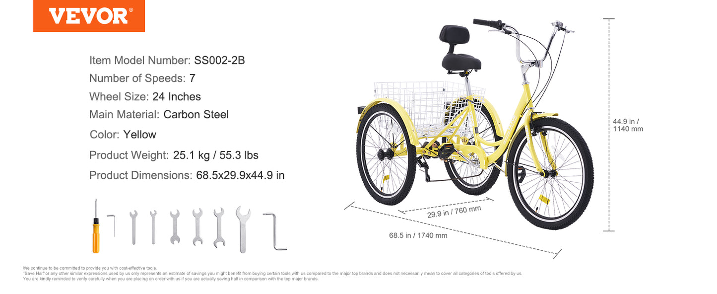 24 In 7 Speed Adult Tricycles 3-Wheeled, Carbon Steel Cruiser with Basket and Adjustable Seat
