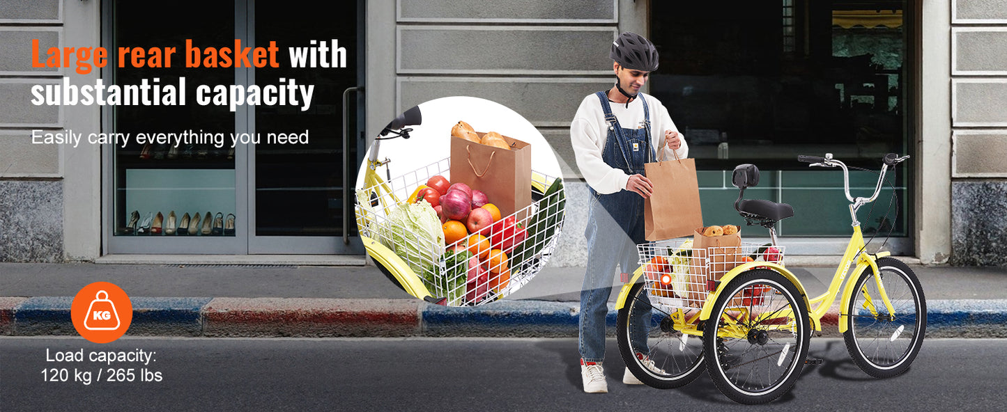 24 In 7 Speed Adult Tricycles 3-Wheeled, Carbon Steel Cruiser with Basket and Adjustable Seat