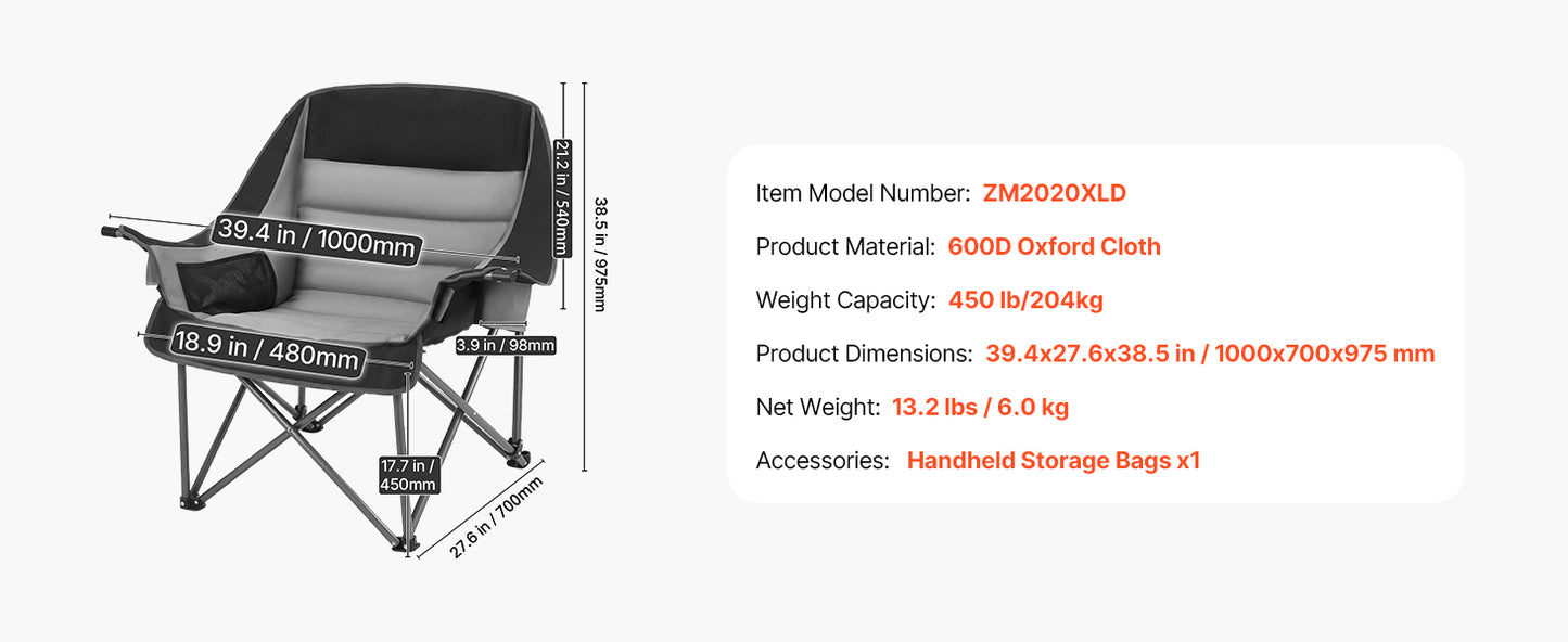 Lg.Camping Chairs 450lbs Heavy Duty Portable Padded Folding Camp Chairs w/Carry Bag