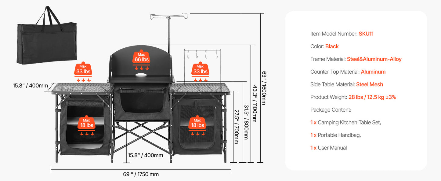 Camp Kitchen Table Aluminum Portable Cook Station, 3 Storage Cupboard Carrying Bag Quick Set-up