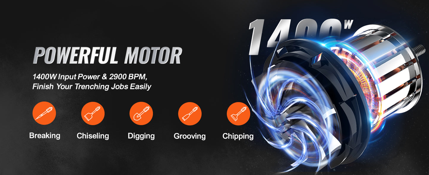 1400W Demolition Electric Jackhammer Heavy Duty 2900 BPM Concrete Breaker 2pcs Chisels Bits Chipping