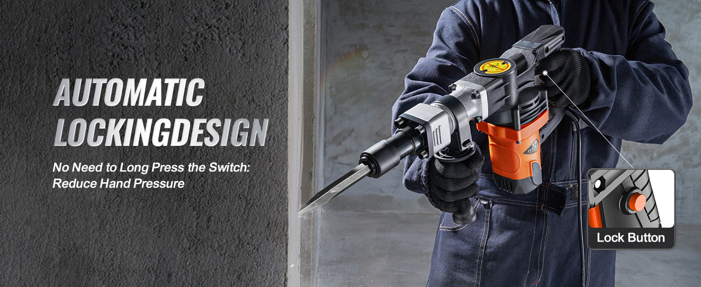 1400W Demolition Electric Jackhammer Heavy Duty 2900 BPM Concrete Breaker 2pcs Chisels Bits Chipping